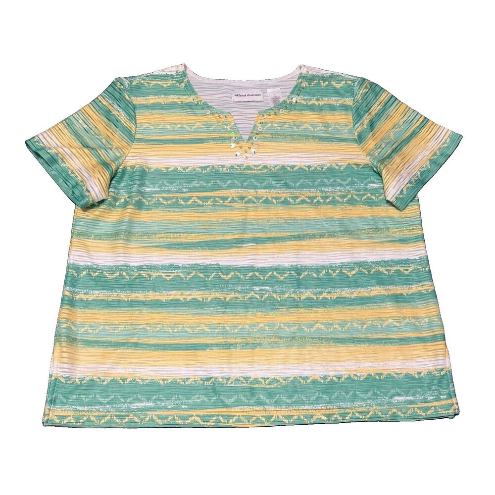 Alfred Dunner Women’s Large Striped Short-Sleeve Lined Blouse Top, Green, Yellow